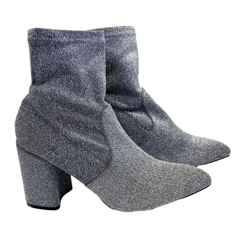 Qupid Silver Shimmer Pointed Toe Chunky Heel Pull On Party Booties Womens Size 8